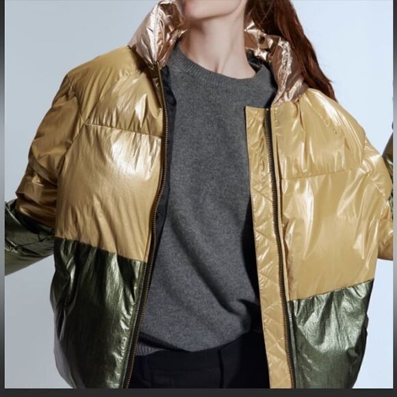 NWT Zara Golden Color-block Puffer Jacket Sz. XS - Picture 2 of 11
